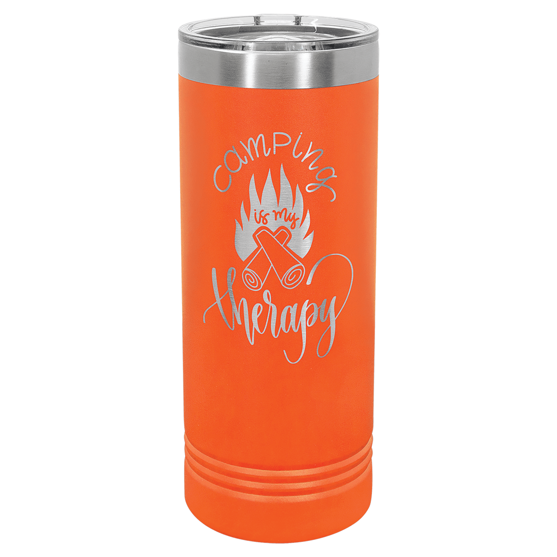 Orange powder-coated 22 oz. skinny tumbler with a stainless steel rim and clear slider lid, shown with a sample engraving