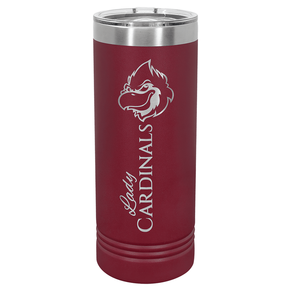 Maroon powder-coated 22 oz. skinny tumbler with a stainless steel rim and clear slider lid, shown with a sample engraving