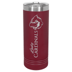 Maroon powder-coated 22 oz. skinny tumbler with a stainless steel rim and clear slider lid, shown with a sample engraving
