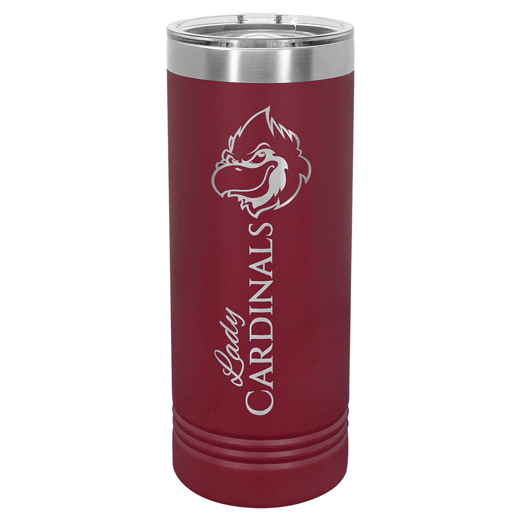 Maroon powder-coated 22 oz. skinny tumbler with a stainless steel rim and clear slider lid, shown with a sample engraving