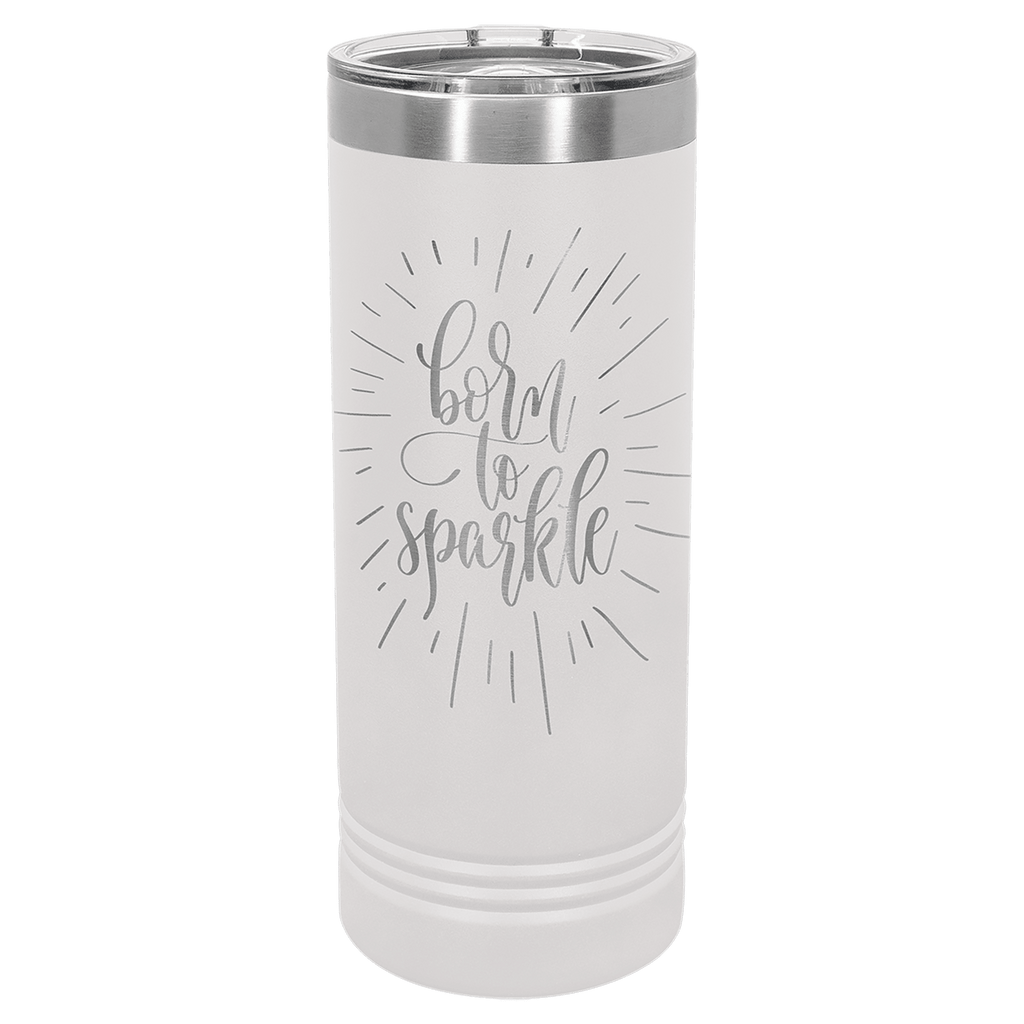 White powder-coated 22 oz. skinny tumbler with a stainless steel rim and clear slider lid, shown with a sample engraving