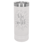 White powder-coated 22 oz. skinny tumbler with a stainless steel rim and clear slider lid, shown with a sample engraving