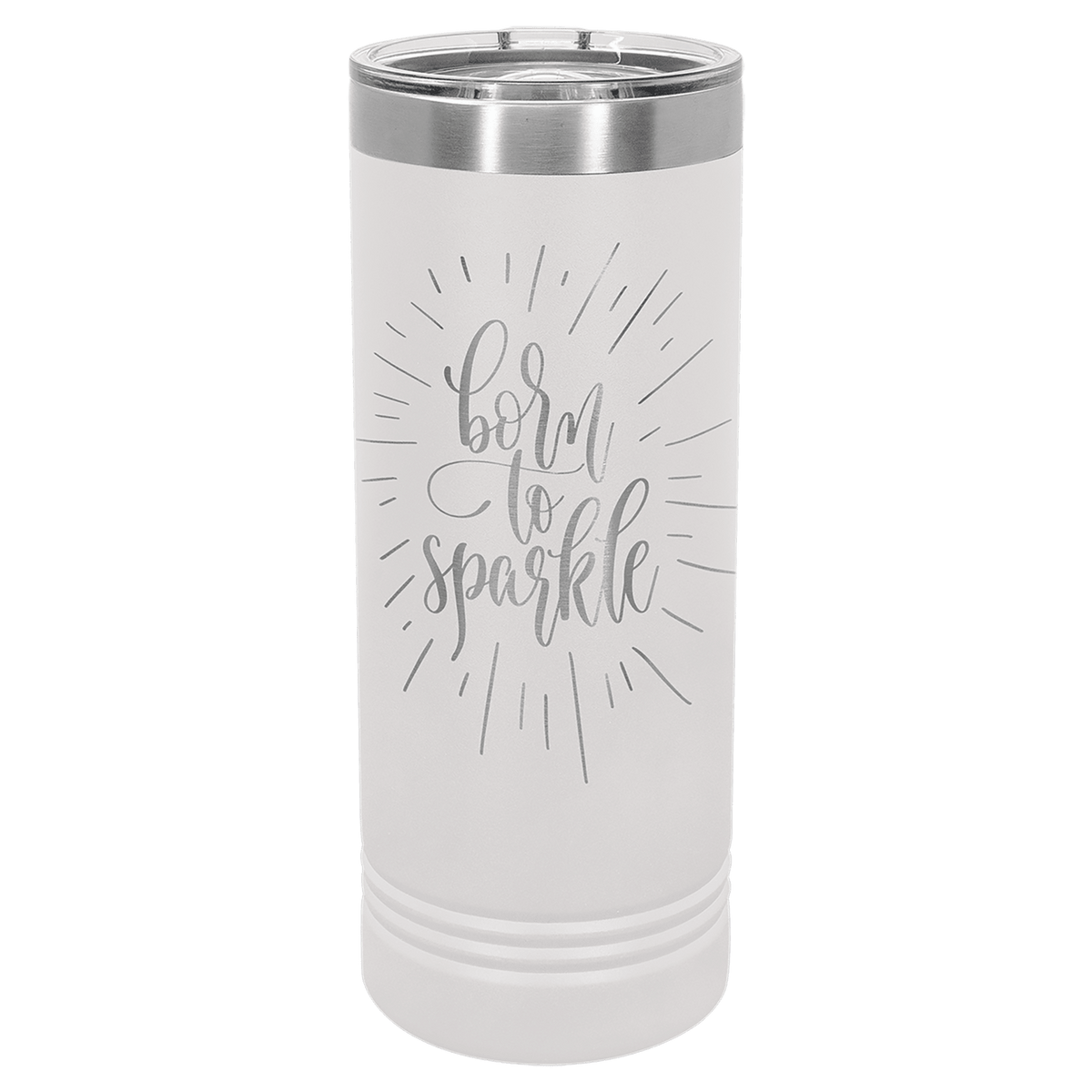 White powder-coated 22 oz. skinny tumbler with a stainless steel rim and clear slider lid, shown with a sample engraving