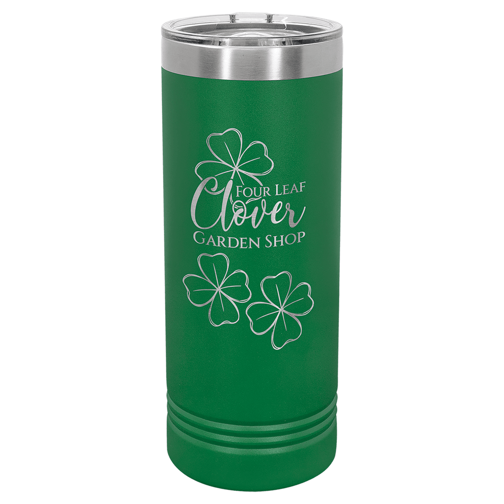 Green powder-coated 22 oz. skinny tumbler with a stainless steel rim and clear slider lid, shown with a sample engraving
