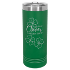 Green powder-coated 22 oz. skinny tumbler with a stainless steel rim and clear slider lid, shown with a sample engraving