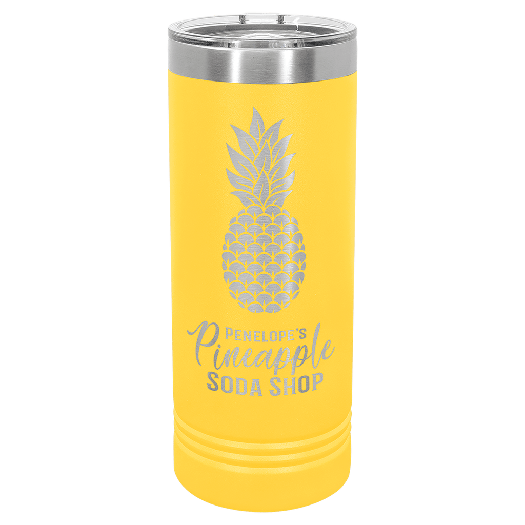 Yellow powder-coated 22 oz. skinny tumbler with a stainless steel rim and clear slider lid, shown with a sample engraving