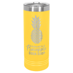 Yellow powder-coated 22 oz. skinny tumbler with a stainless steel rim and clear slider lid, shown with a sample engraving