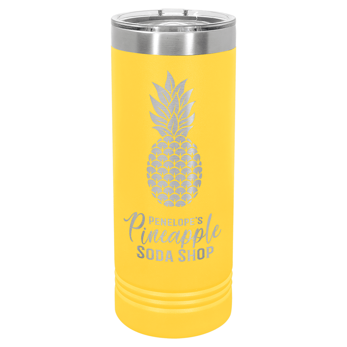 Yellow powder-coated 22 oz. skinny tumbler with a stainless steel rim and clear slider lid, shown with a sample engraving