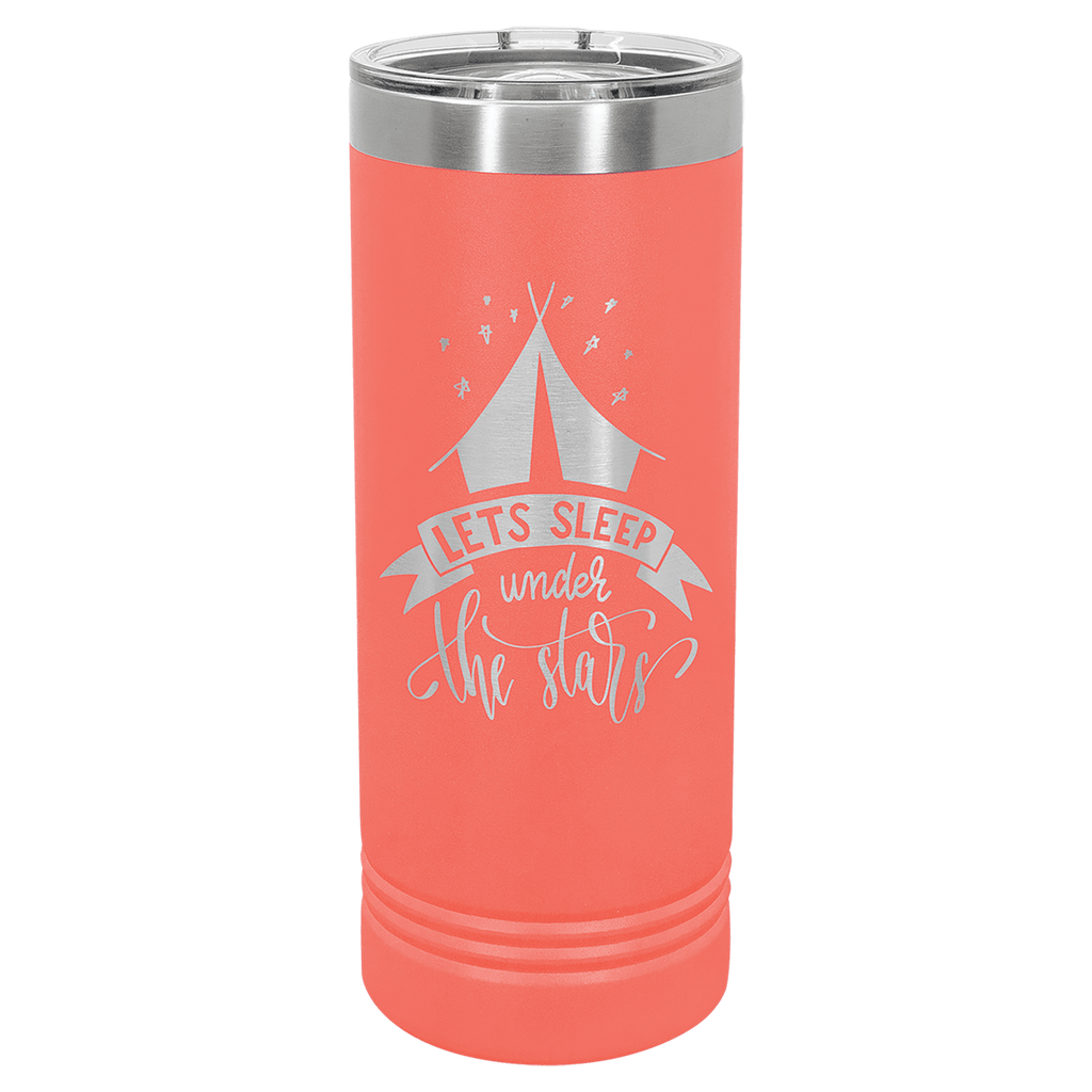 Coral powder-coated 22 oz. skinny tumbler with a stainless steel rim and clear slider lid, shown with a sample engraving