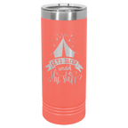 Coral powder-coated 22 oz. skinny tumbler with a stainless steel rim and clear slider lid, shown with a sample engraving