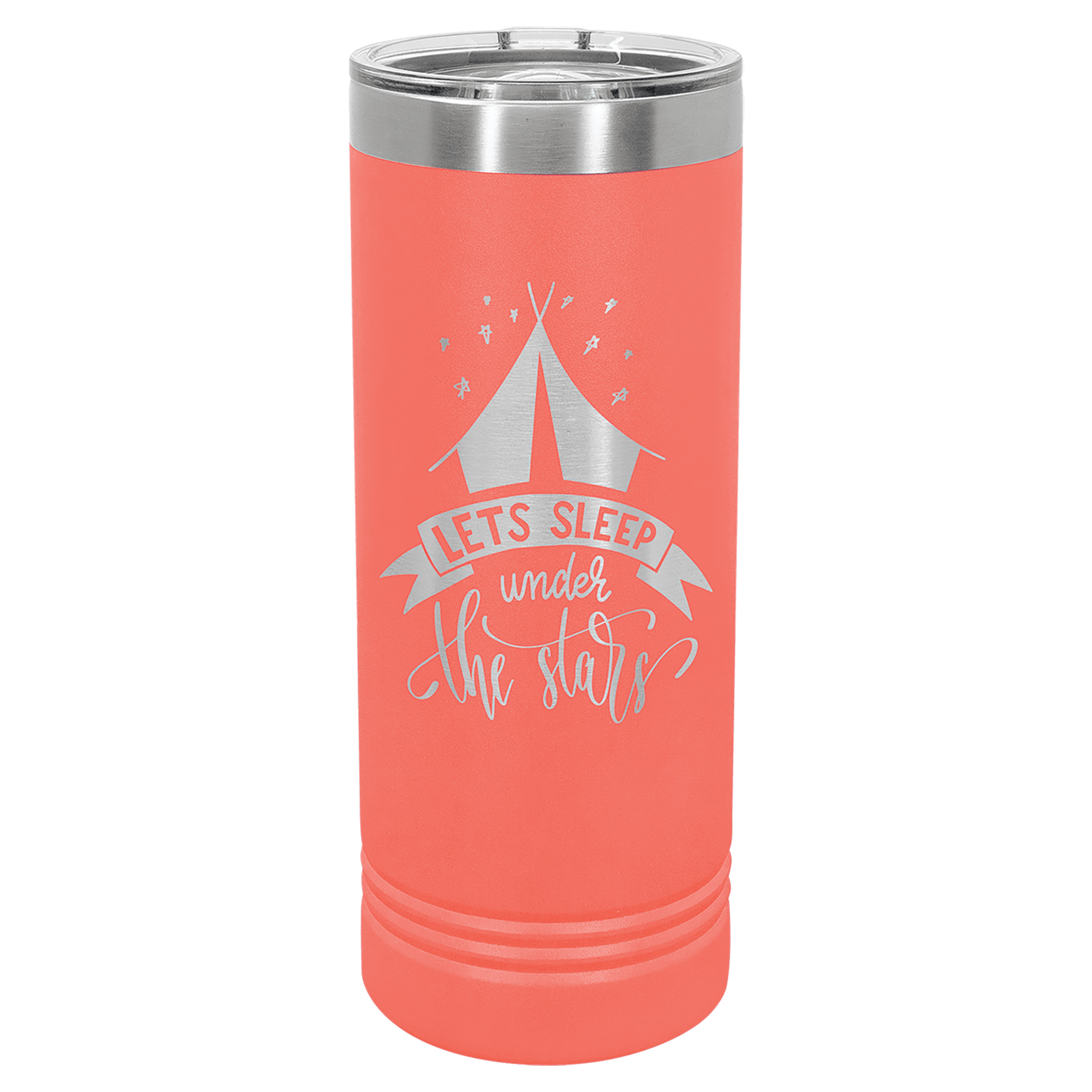 Coral powder-coated 22 oz. skinny tumbler with a stainless steel rim and clear slider lid, shown with a sample engraving