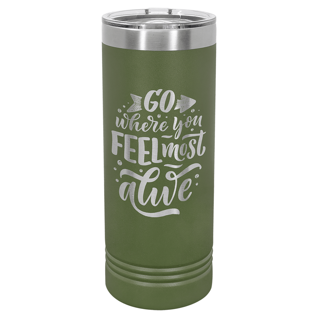 Olive green powder-coated 22 oz. skinny tumbler with a stainless steel rim and clear slider lid, shown with a sample engraving