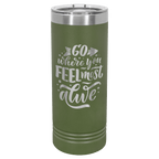 Olive green powder-coated 22 oz. skinny tumbler with a stainless steel rim and clear slider lid, shown with a sample engraving