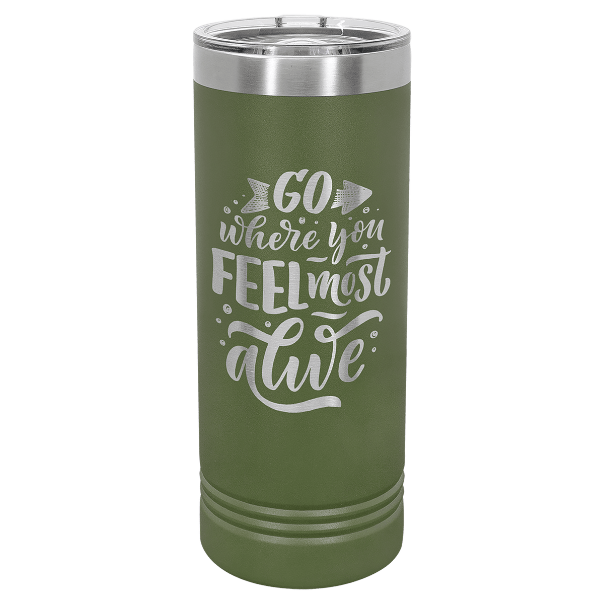 Olive green powder-coated 22 oz. skinny tumbler with a stainless steel rim and clear slider lid, shown with a sample engraving