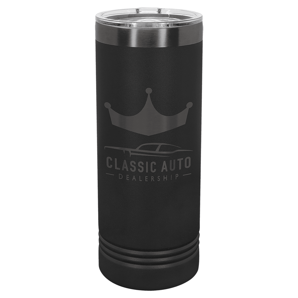 Black 22 oz. skinny tumbler with a ghost black plated ring and clear slider lid