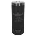 Black 22 oz. skinny tumbler with a ghost black plated ring and clear slider lid