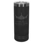 Black 22 oz. skinny tumbler with a ghost black plated ring and clear slider lid