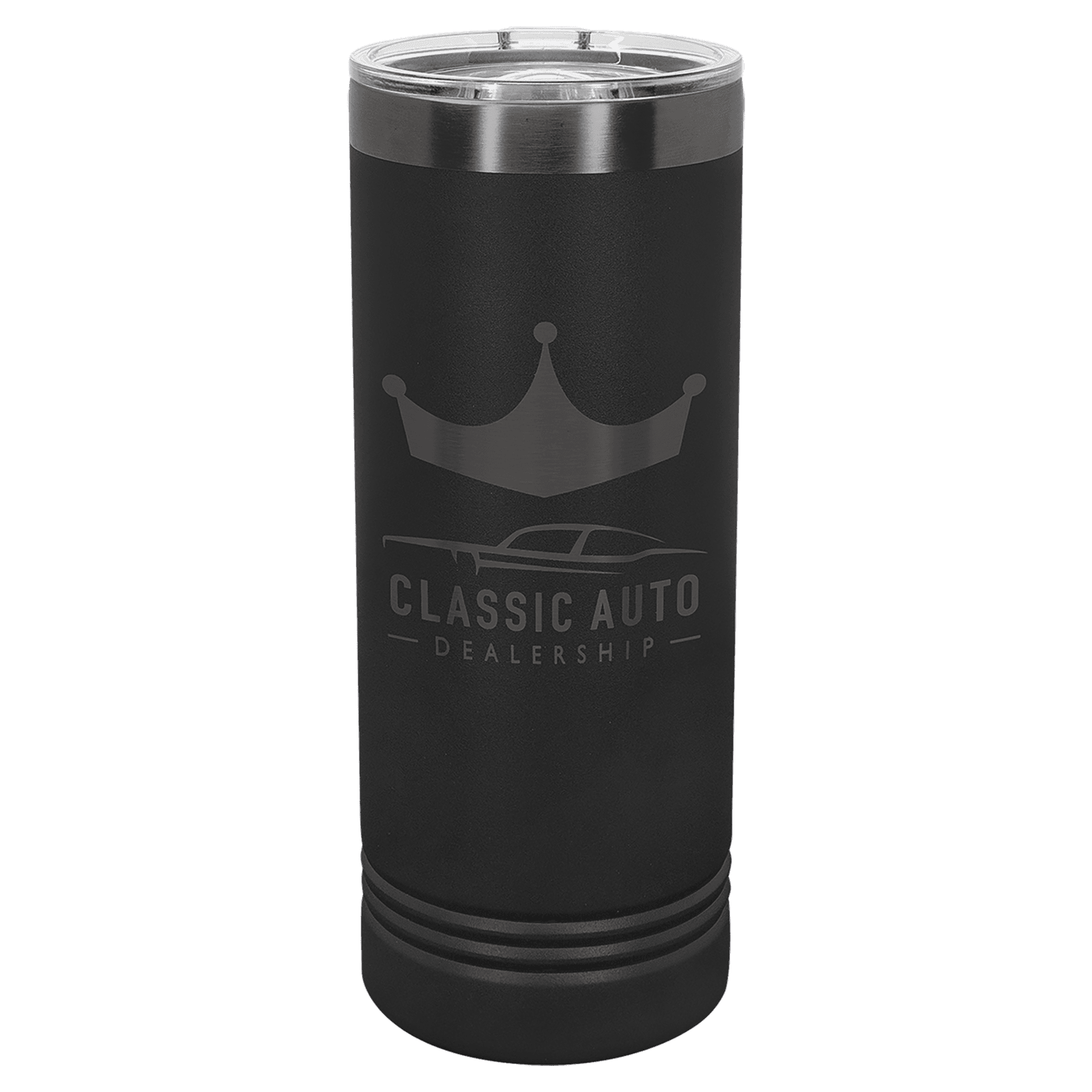 Black 22 oz. skinny tumbler with a ghost black plated ring and clear slider lid