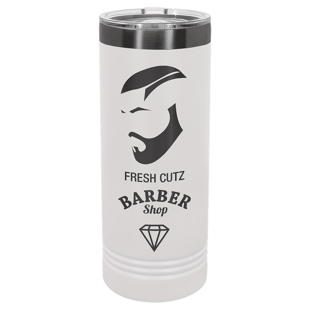 White 22 oz. skinny tumbler with a ghost black plated ring and clear slider lid