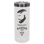White 22 oz. skinny tumbler with a ghost black plated ring and clear slider lid