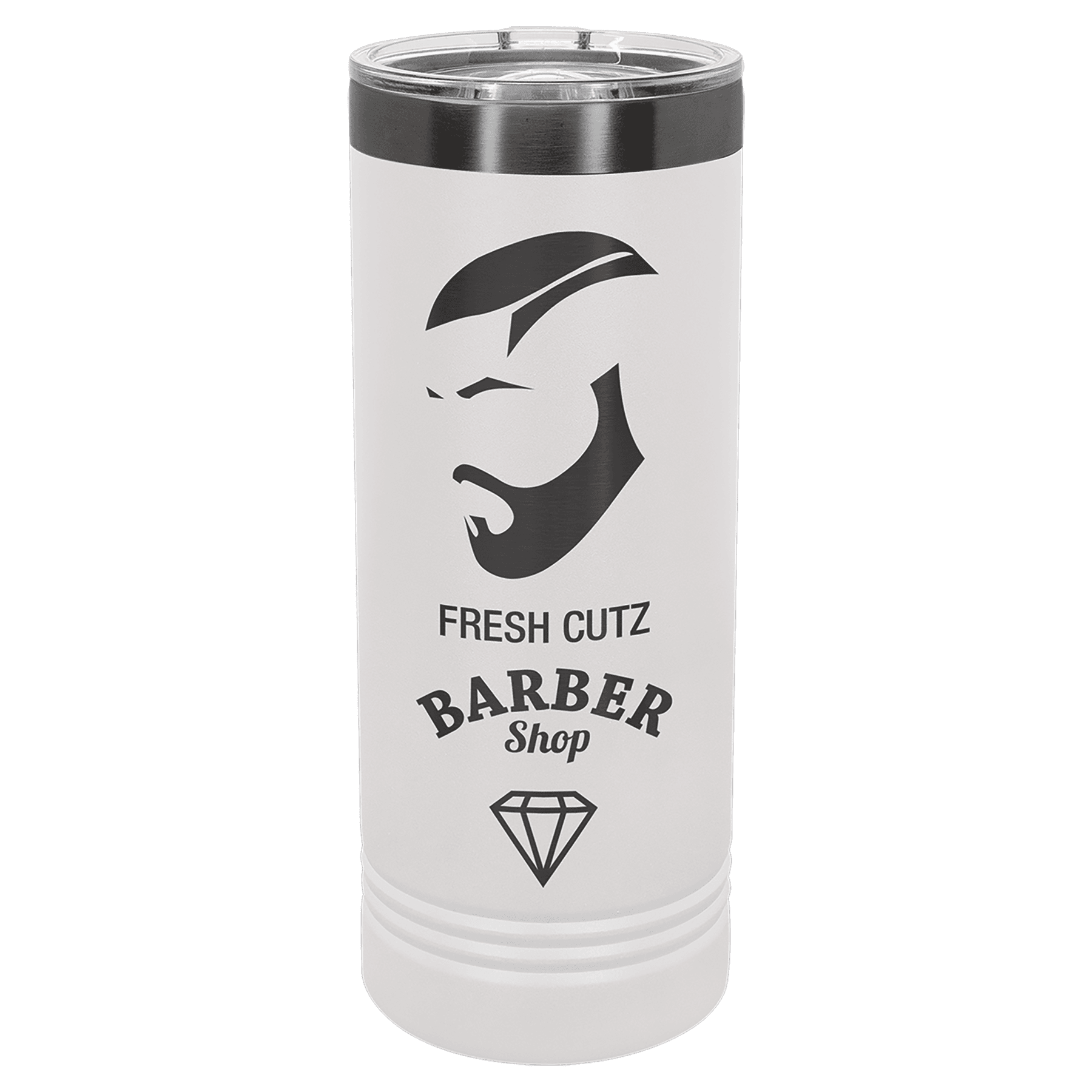 White 22 oz. skinny tumbler with a ghost black plated ring and clear slider lid