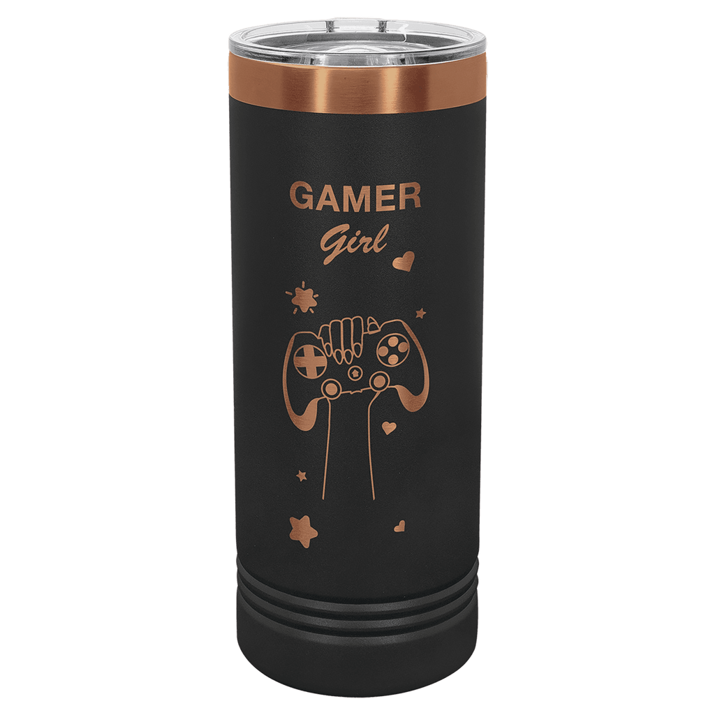 Black 22 oz. skinny tumbler with a rose gold plated ring and clear slider lid