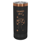 Black 22 oz. skinny tumbler with a rose gold plated ring and clear slider lid