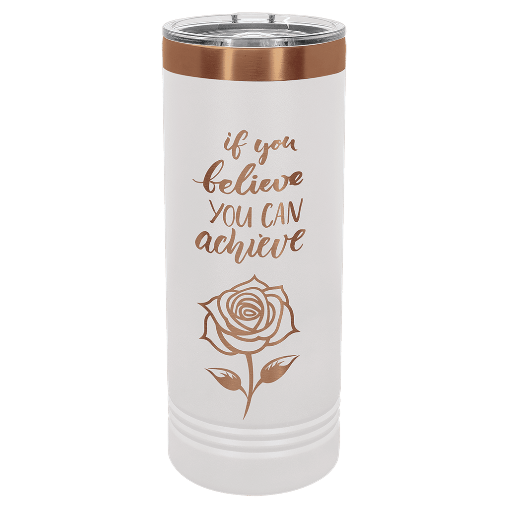 White 22 oz. skinny tumbler with a rose gold plated ring and clear slider lid