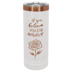 White 22 oz. skinny tumbler with a rose gold plated ring and clear slider lid