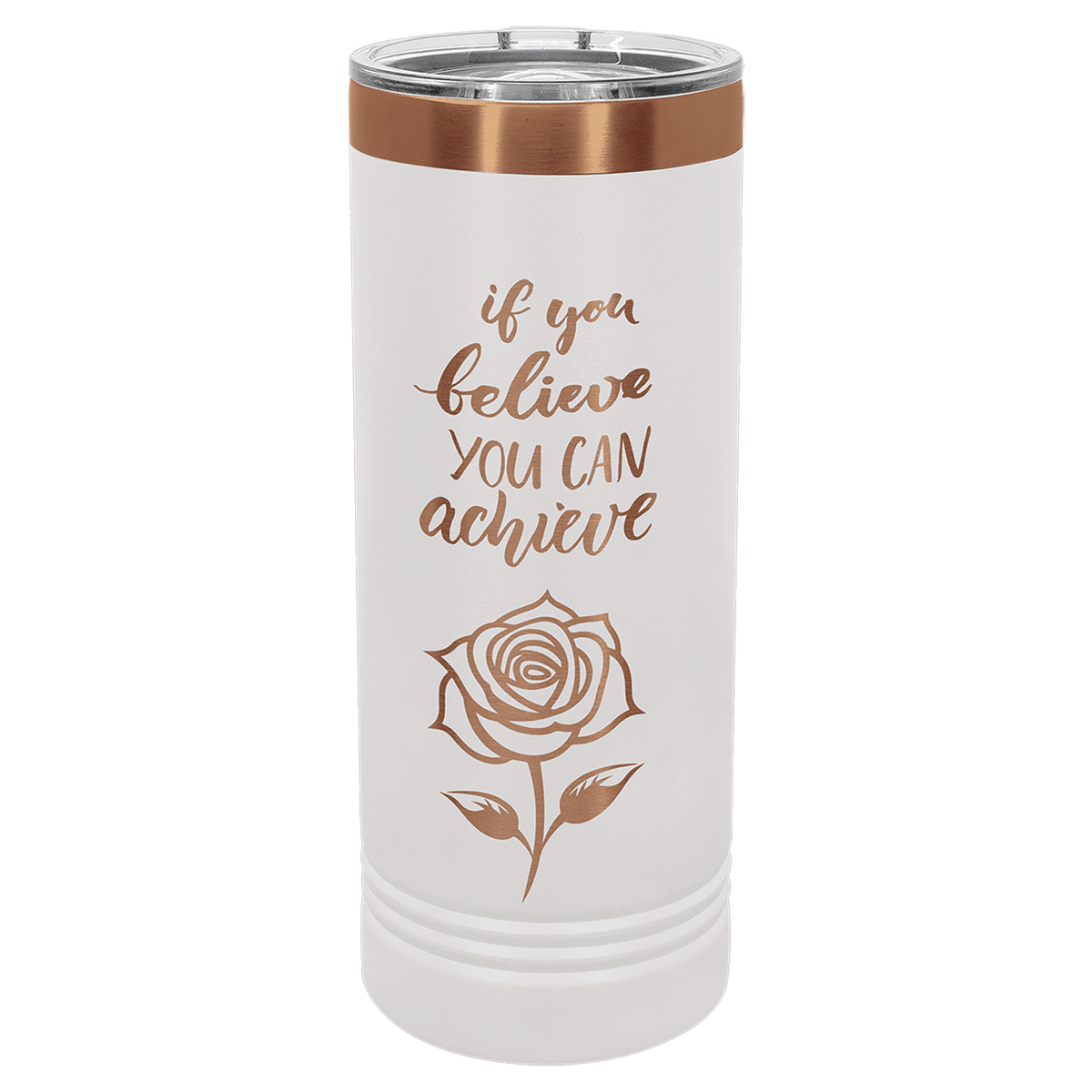 White 22 oz. skinny tumbler with a rose gold plated ring and clear slider lid