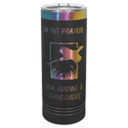 Black 22 oz. skinny tumbler with an iridescent prism ring and clear slider lid