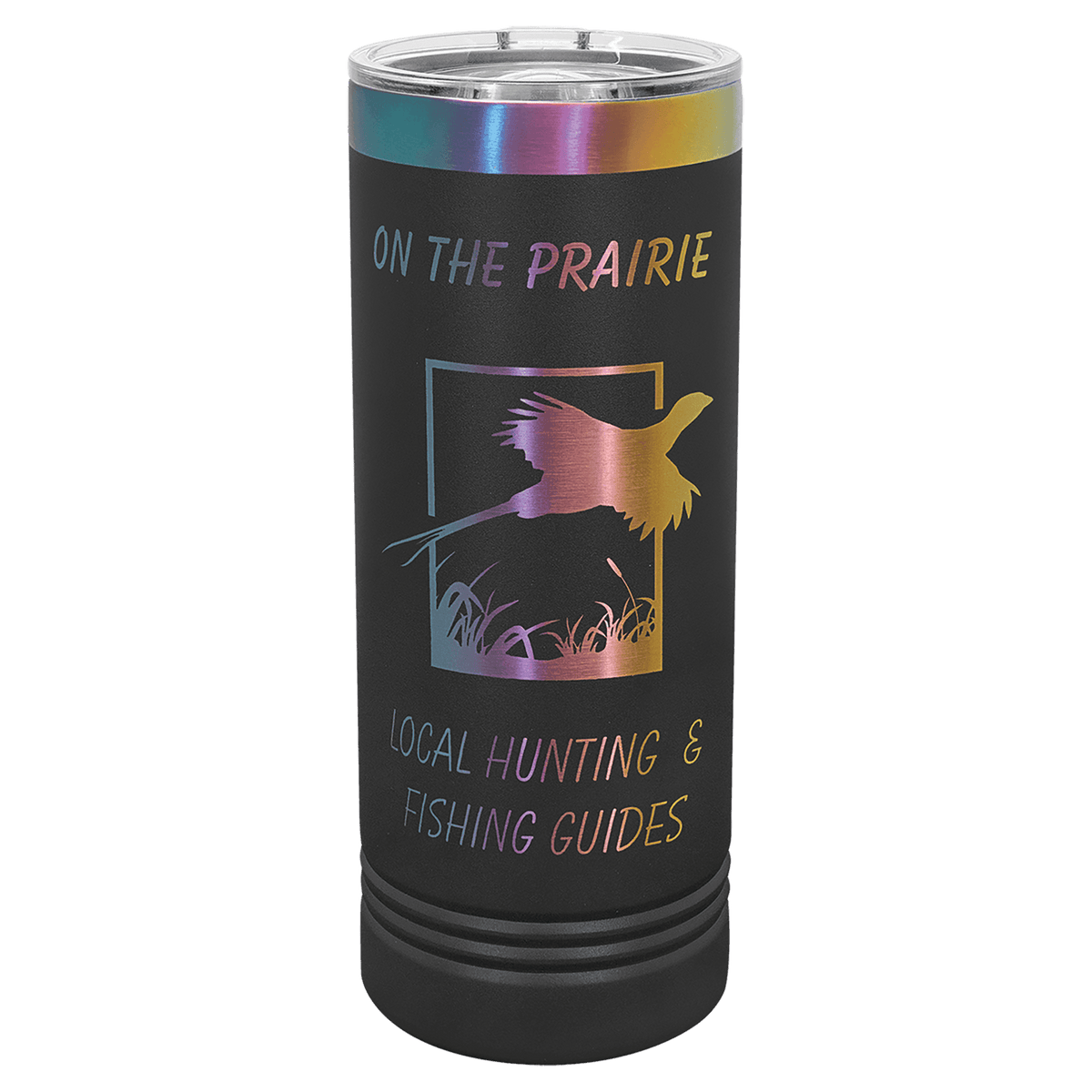 Black 22 oz. skinny tumbler with an iridescent prism ring and clear slider lid
