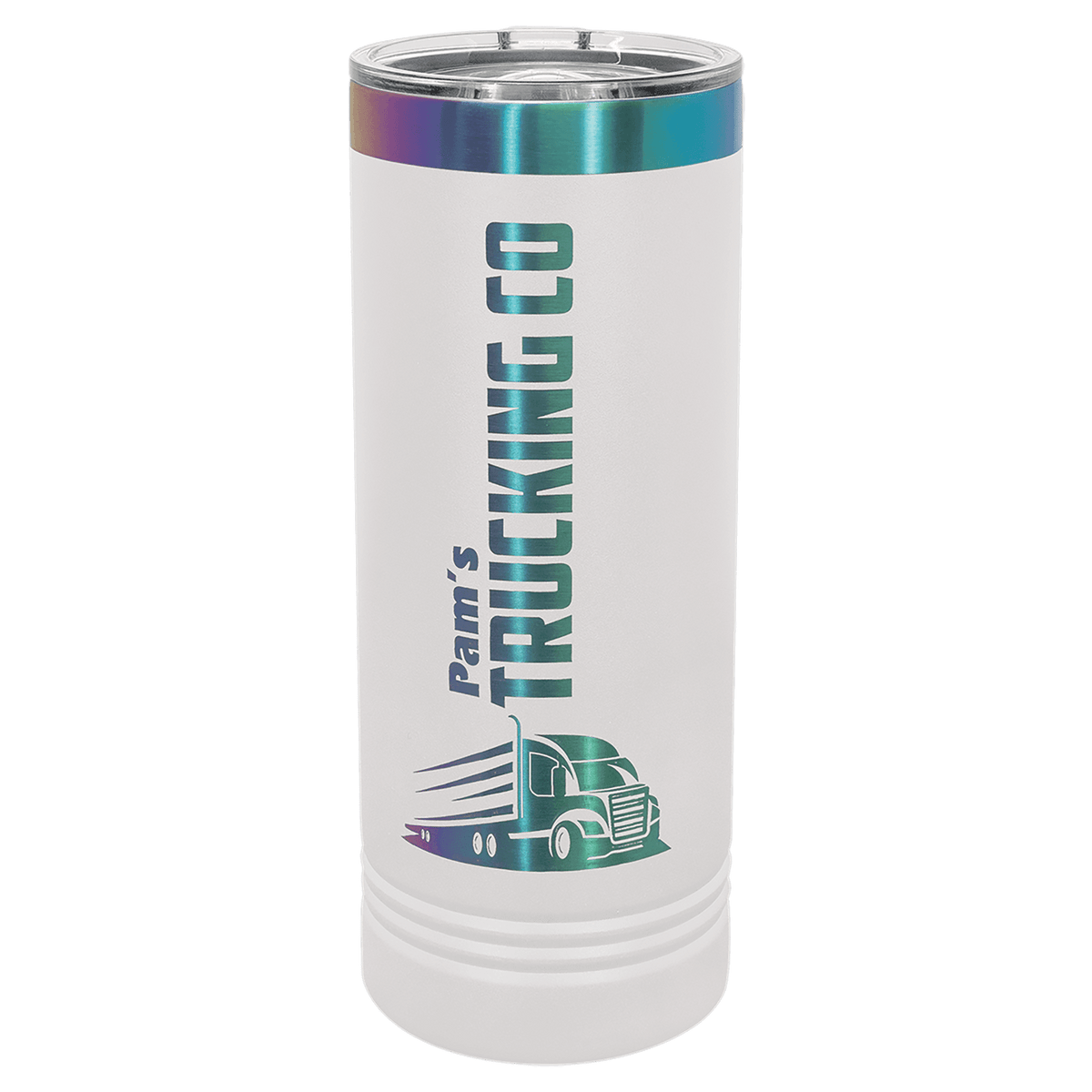 White 22 oz. skinny tumbler with an iridescent prism ring and clear slider lid
