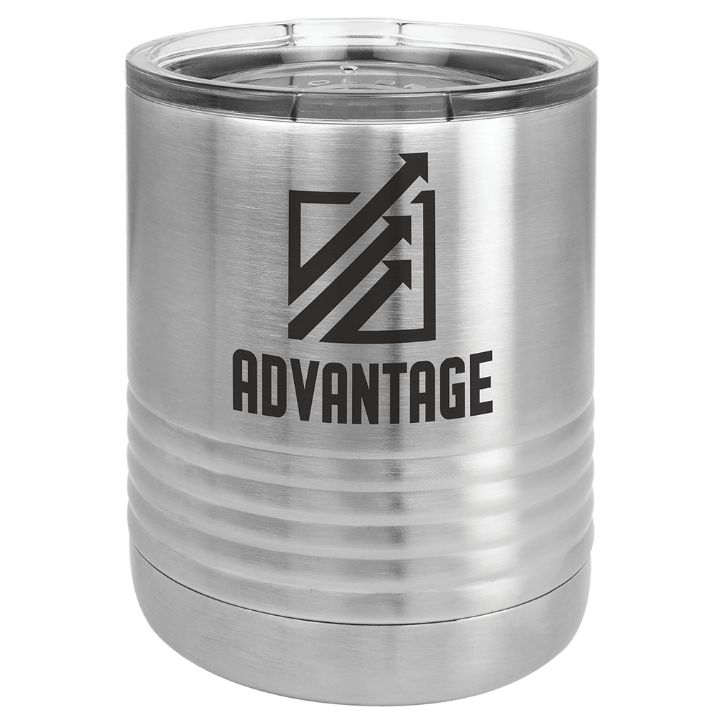 Brushed stainless steel 10 oz. ringneck tumbler with a ribbed base and clear slider lid, shown with a sample logo engraving