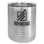 Brushed stainless steel 10 oz. ringneck tumbler with a ribbed base and clear slider lid, shown with a sample logo engraving