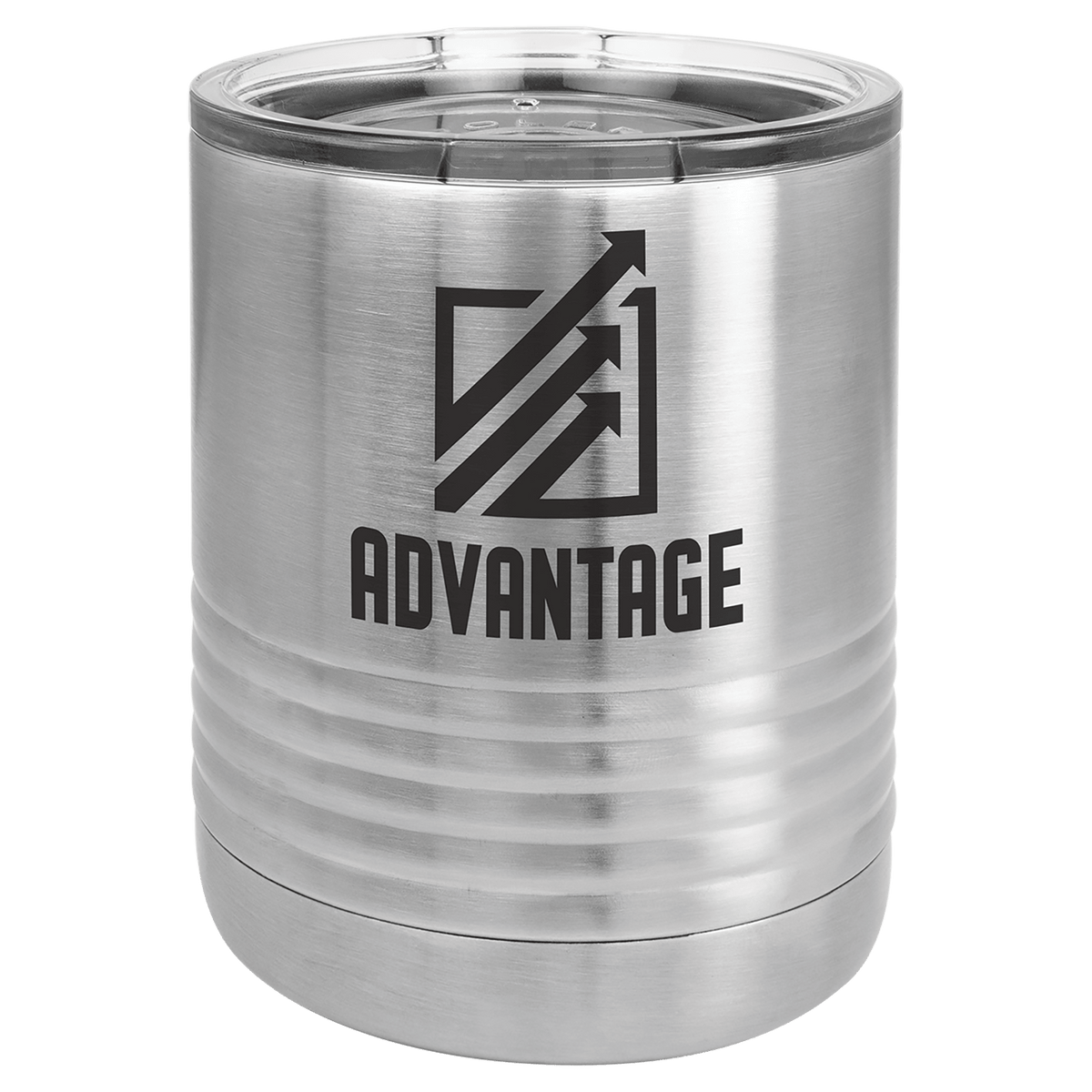 Brushed stainless steel 10 oz. ringneck tumbler with a ribbed base and clear slider lid, shown with a sample logo engraving