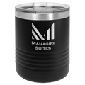 Black powder-coated 10 oz. ringneck tumbler with a stainless steel band and clear slider lid, shown with a sample engraving