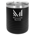 Black powder-coated 10 oz. ringneck tumbler with a stainless steel band and clear slider lid, shown with a sample engraving