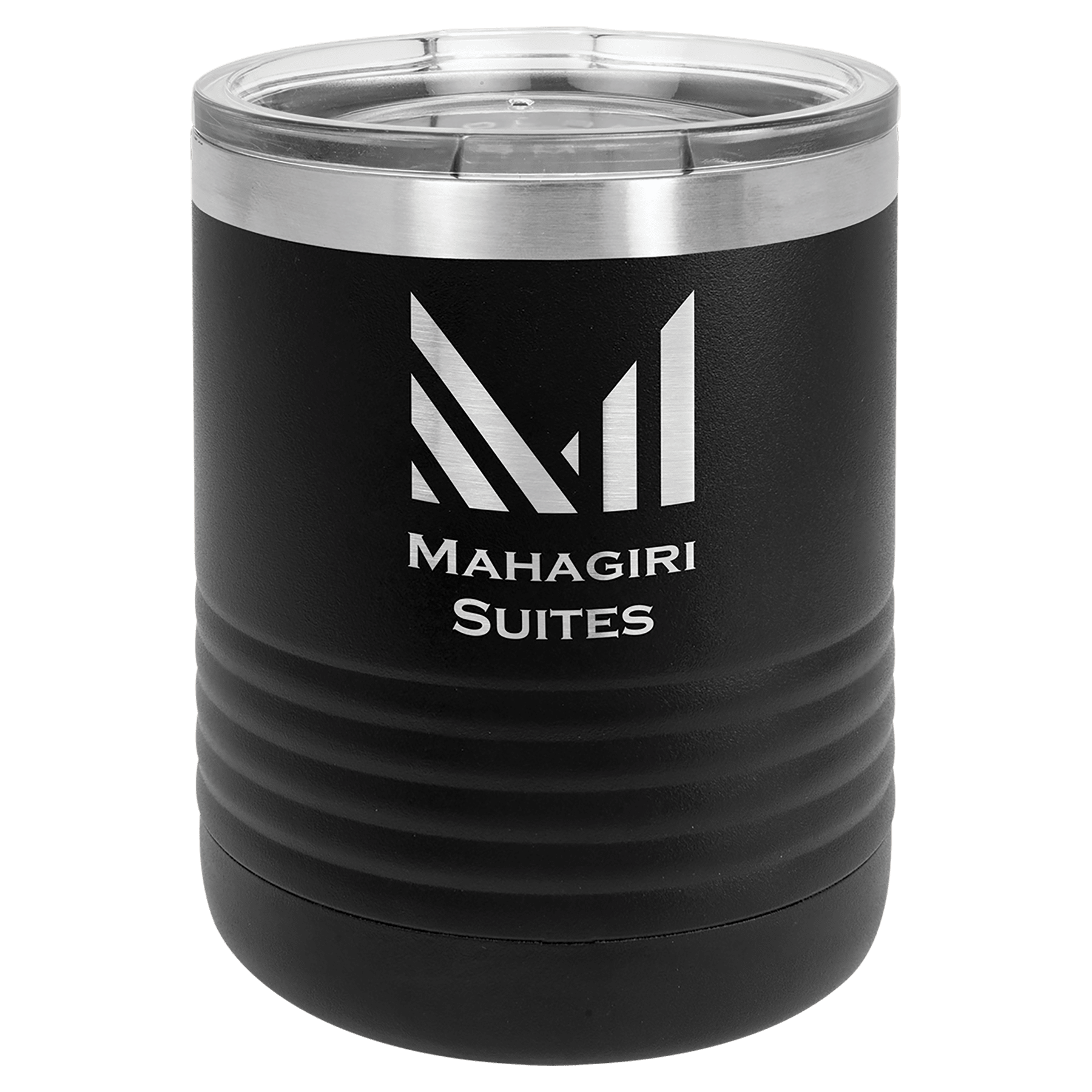 Black powder-coated 10 oz. ringneck tumbler with a stainless steel band and clear slider lid, shown with a sample engraving