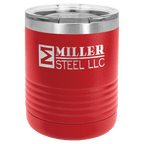 Red powder-coated 10 oz. ringneck tumbler with a stainless steel band and clear slider lid, shown with a sample engraving