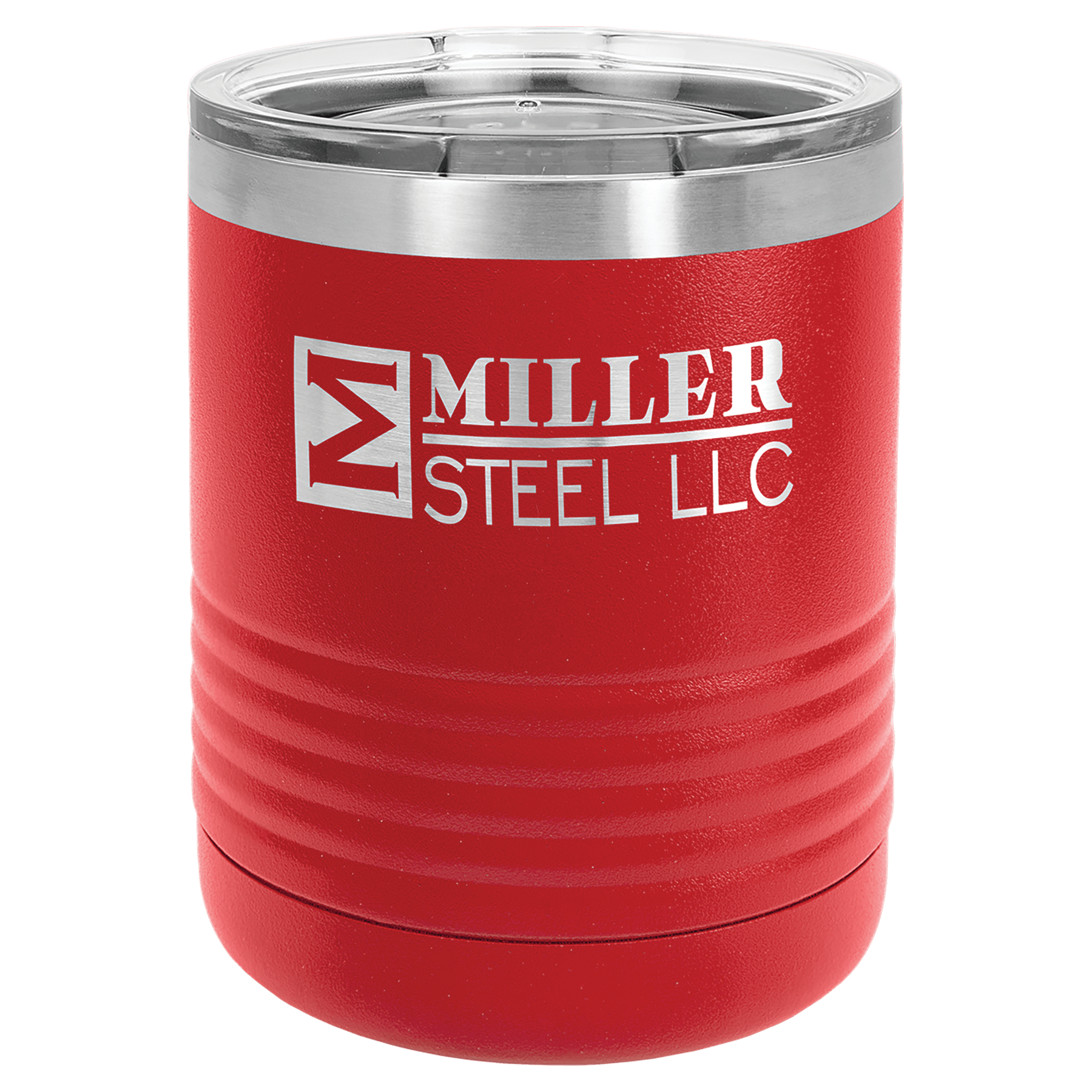 Red powder-coated 10 oz. ringneck tumbler with a stainless steel band and clear slider lid, shown with a sample engraving