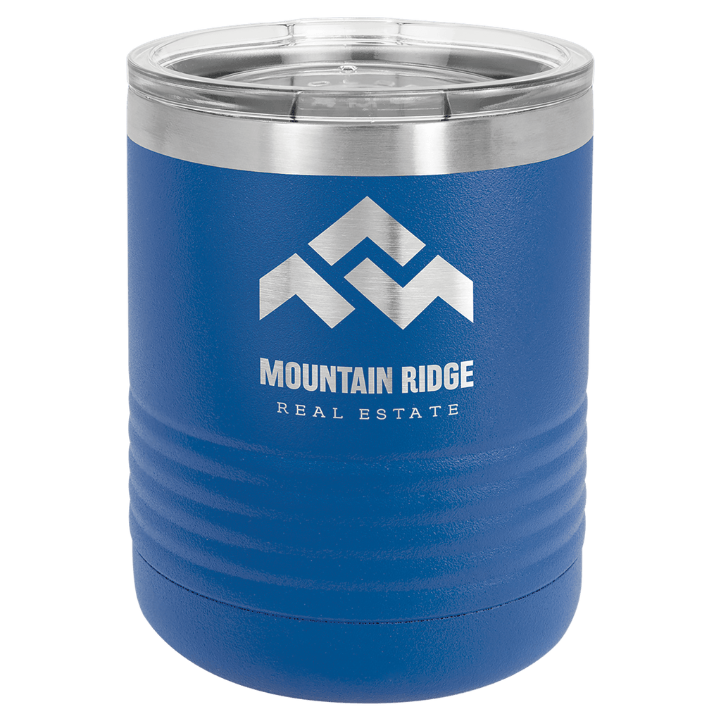 Royal blue powder-coated 10 oz. ringneck tumbler with a stainless steel band and clear slider lid, shown with a sample engraving