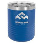 Royal blue powder-coated 10 oz. ringneck tumbler with a stainless steel band and clear slider lid, shown with a sample engraving