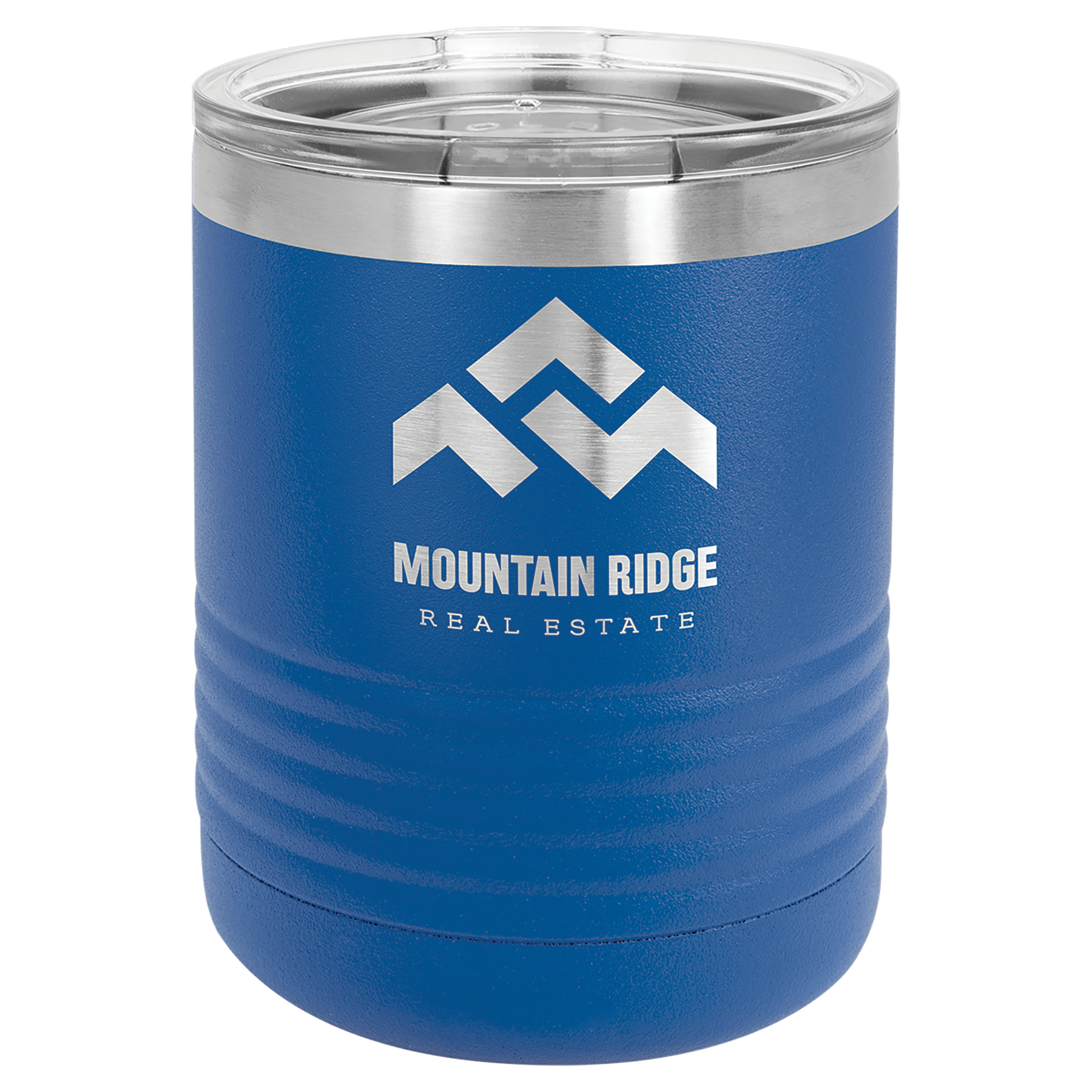 Royal blue powder-coated 10 oz. ringneck tumbler with a stainless steel band and clear slider lid, shown with a sample engraving