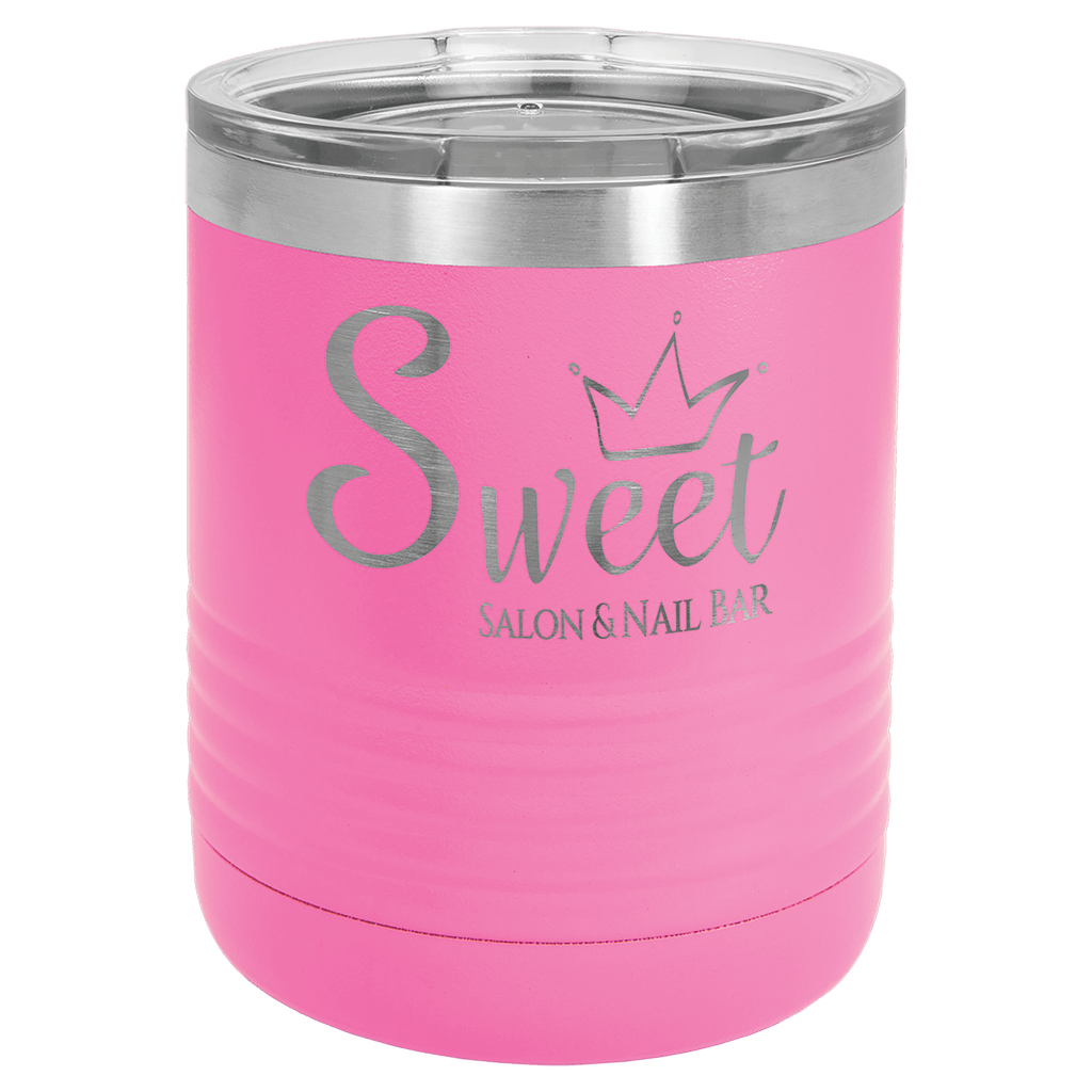 Pink powder-coated 10 oz. ringneck tumbler with a stainless steel band and clear slider lid, shown with a sample engraving
