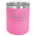 Pink powder-coated 10 oz. ringneck tumbler with a stainless steel band and clear slider lid, shown with a sample engraving
