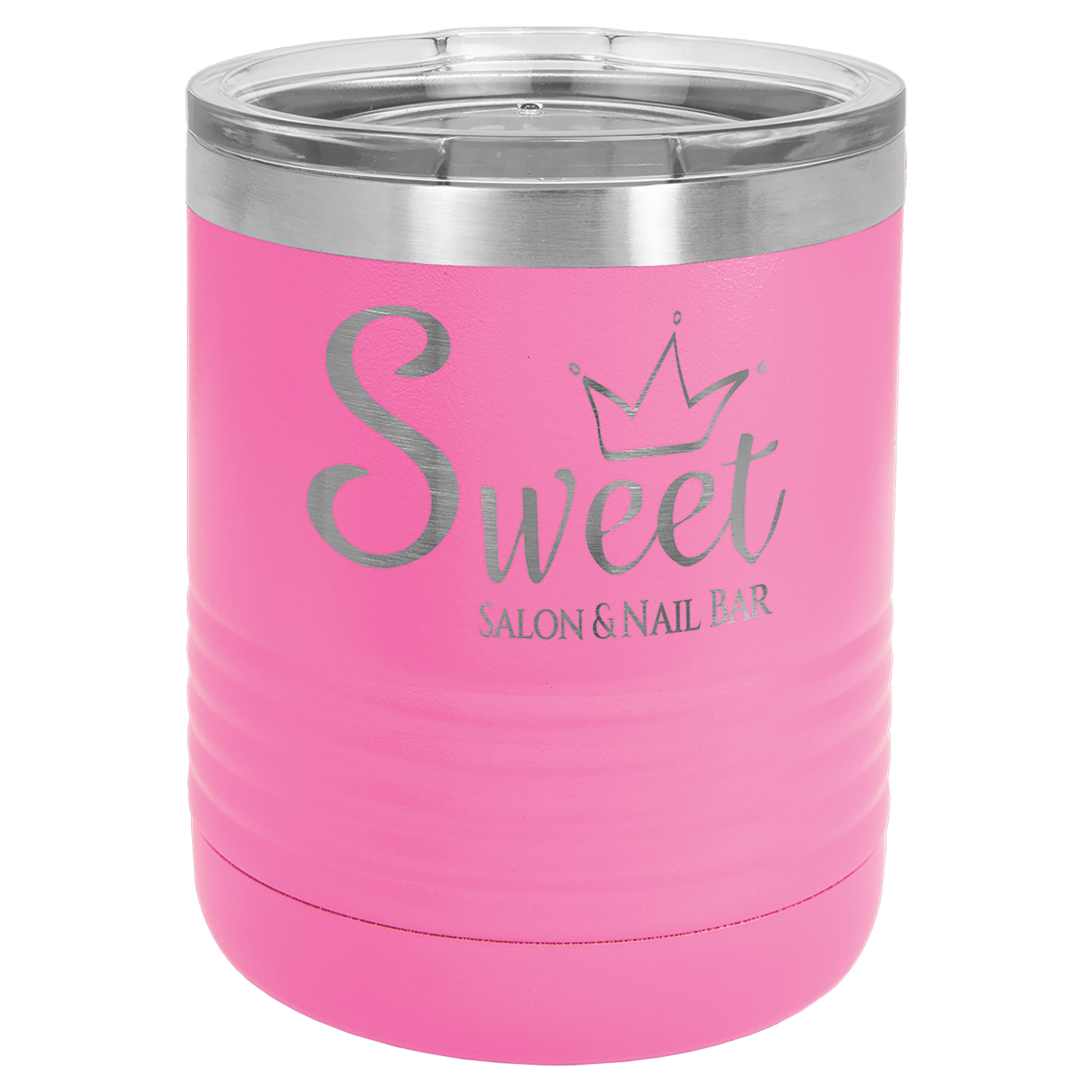 Pink powder-coated 10 oz. ringneck tumbler with a stainless steel band and clear slider lid, shown with a sample engraving
