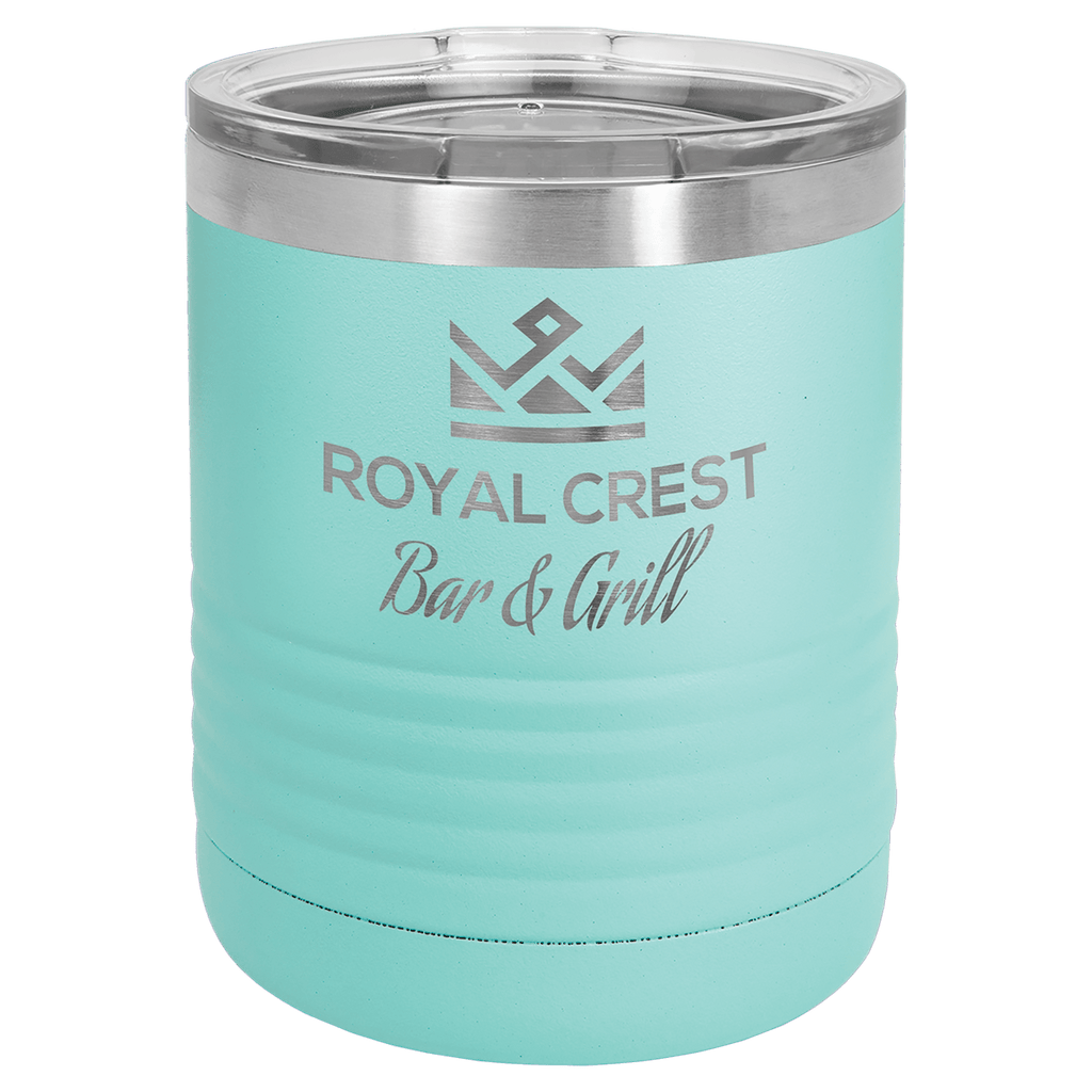 Teal powder-coated 10 oz. ringneck tumbler with a stainless steel band and clear slider lid, shown with a sample engraving