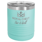 Teal powder-coated 10 oz. ringneck tumbler with a stainless steel band and clear slider lid, shown with a sample engraving