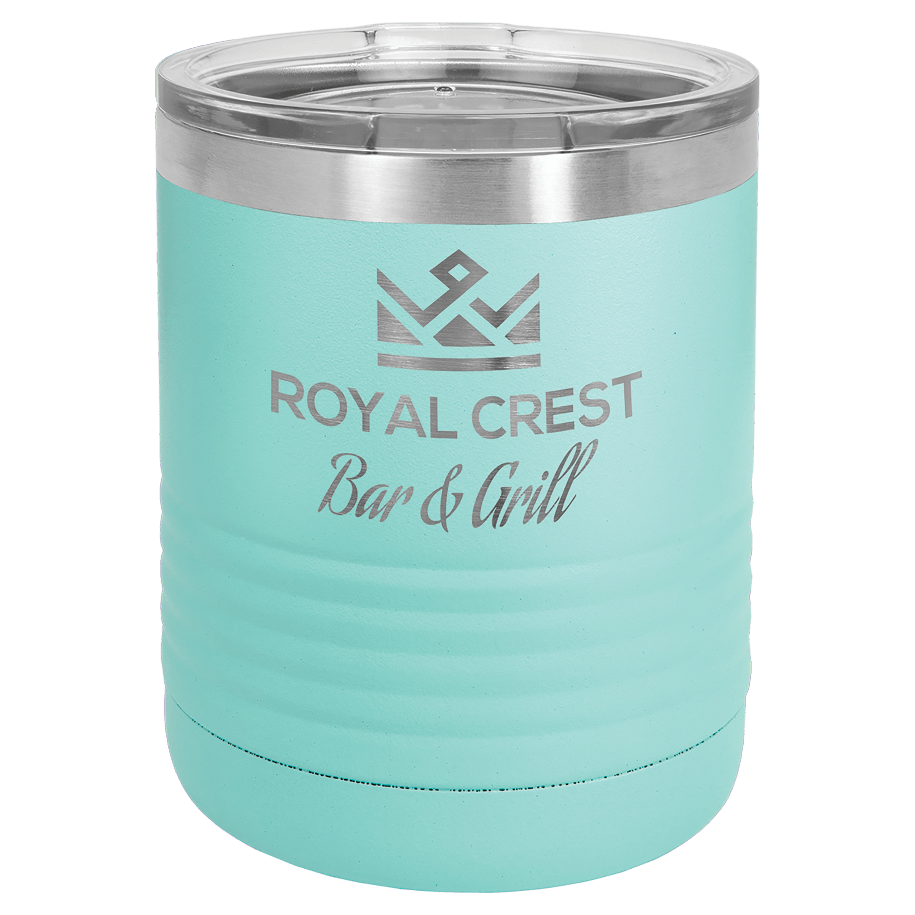 Teal powder-coated 10 oz. ringneck tumbler with a stainless steel band and clear slider lid, shown with a sample engraving